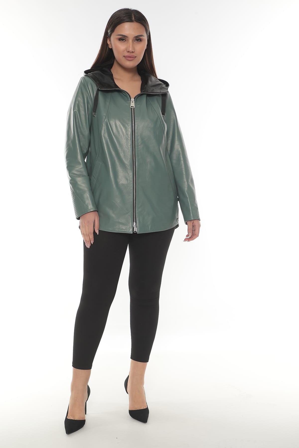 MONİKA Women's Green Hooded Leather Jacket