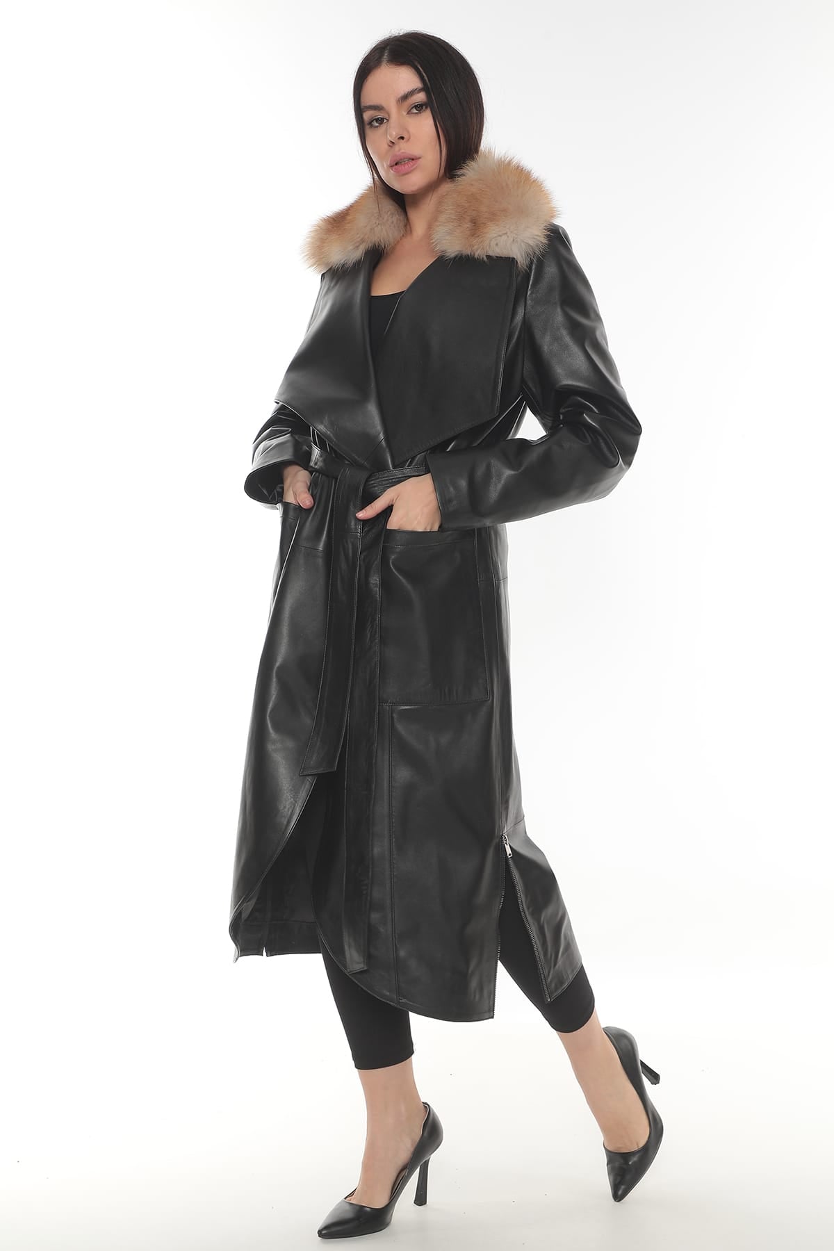 ARİANA Women's Black Genuine Leather Trench Coat