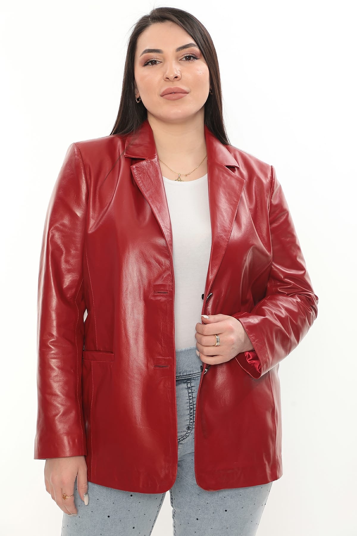 JESSICA Women's Red Blazer Genuine Leather Jacket