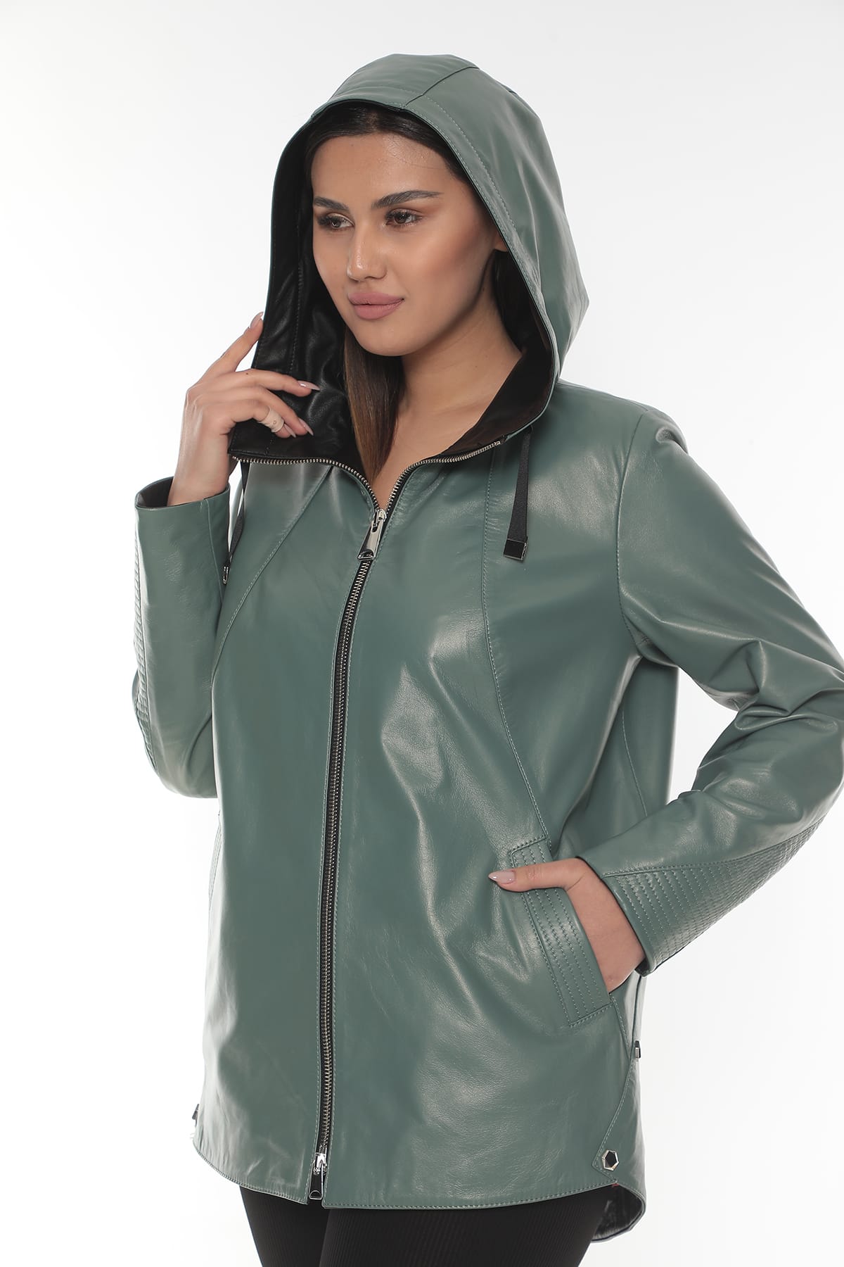 MONİKA Women's Green Hooded Leather Jacket