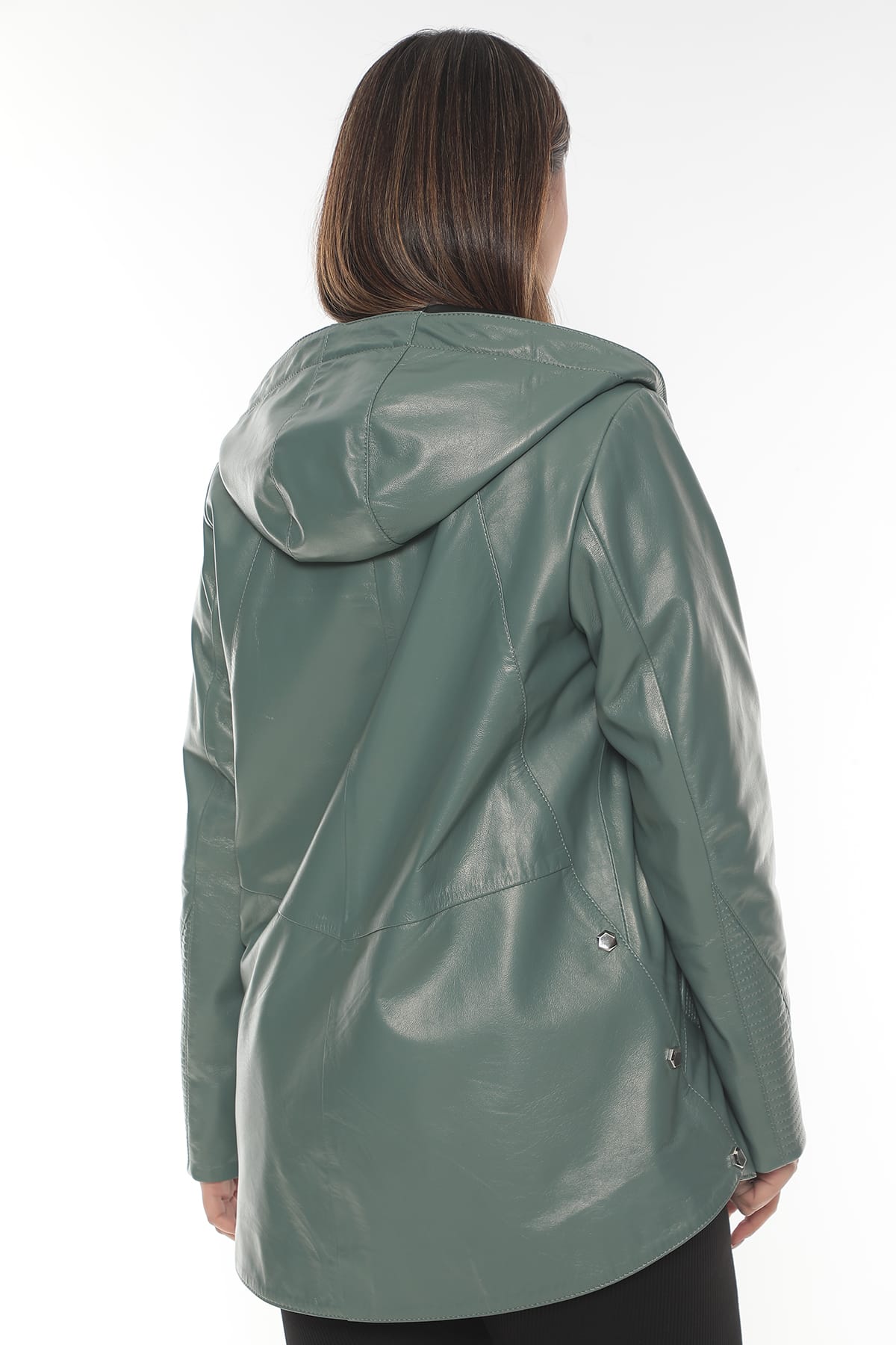 MONİKA Women's Green Hooded Leather Jacket