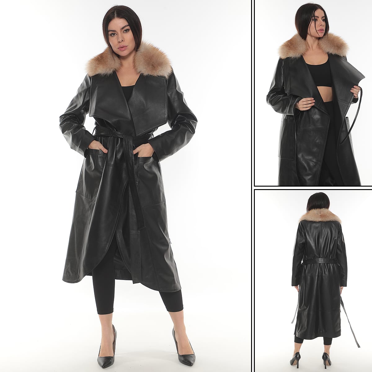 ARİANA Women's Black Genuine Leather Trench Coat